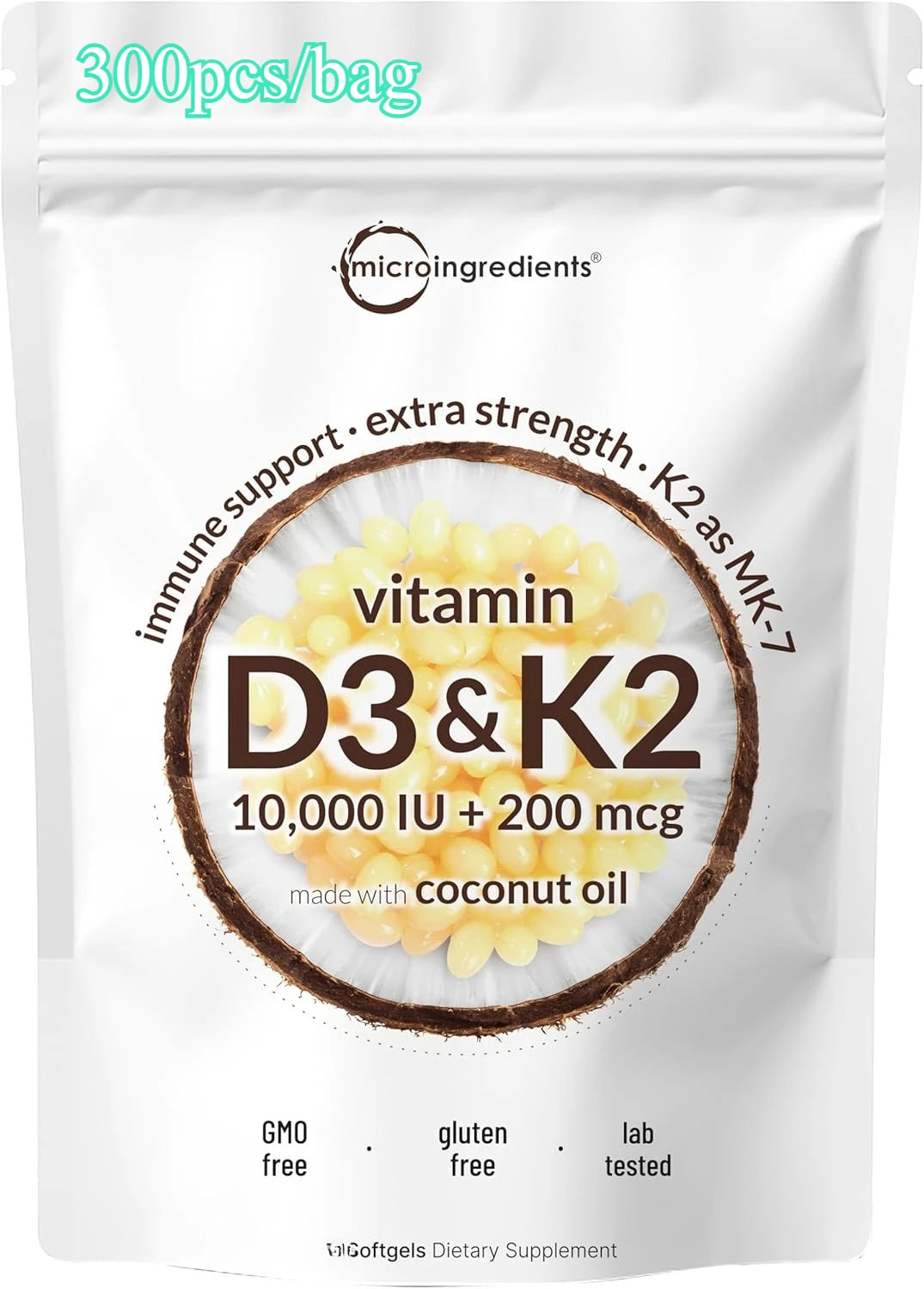 Vitamin D3 10,00 IU + K2 MK-7 200 mcg, 300 Softgels with Virgin Coconut Oil 2-in-1 Vitamins D & K Complex | Extra Strength