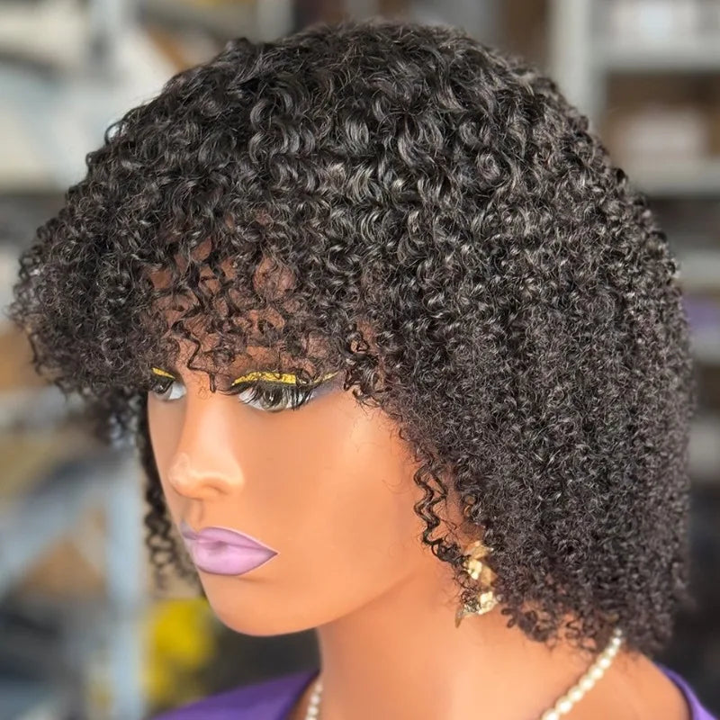 High Quality 180% Density Short Curly Fringe Wig Brazilian Virgin Remy Human Hair Natural Color Full Machine Made for Women