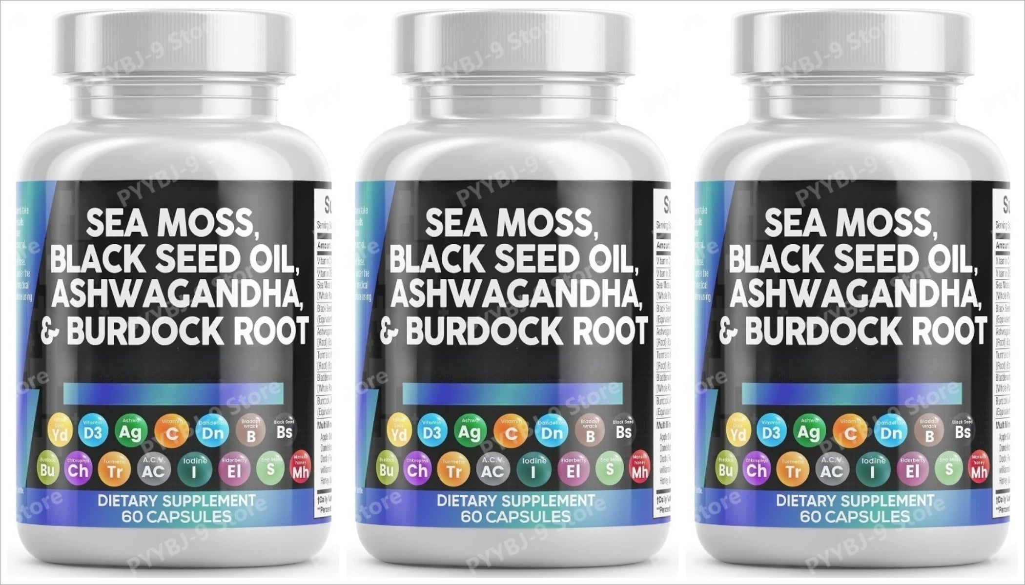 Sea Moss Black Seed Oil Ashwagandha Burdock Bladderwrack Turmeric Complex Elderberry Chlorophyll ACV Dandelion60 Capsules