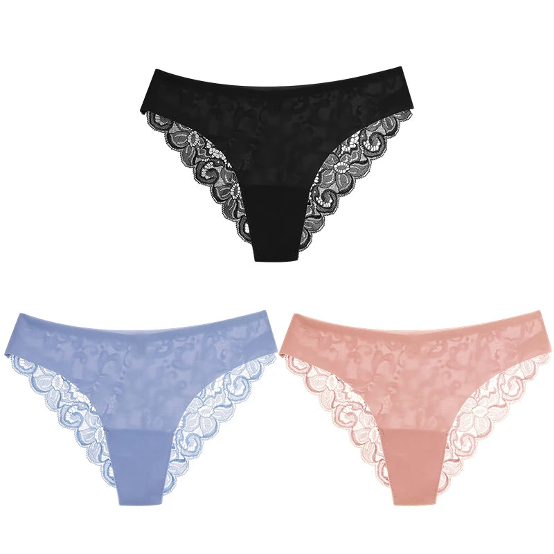 TrowBridge 3PCS Women's Panties Set Sweet Lace Underwear Soft Silk Satin Lingerie French Romantic Woman Briefs Female Sexy Panty