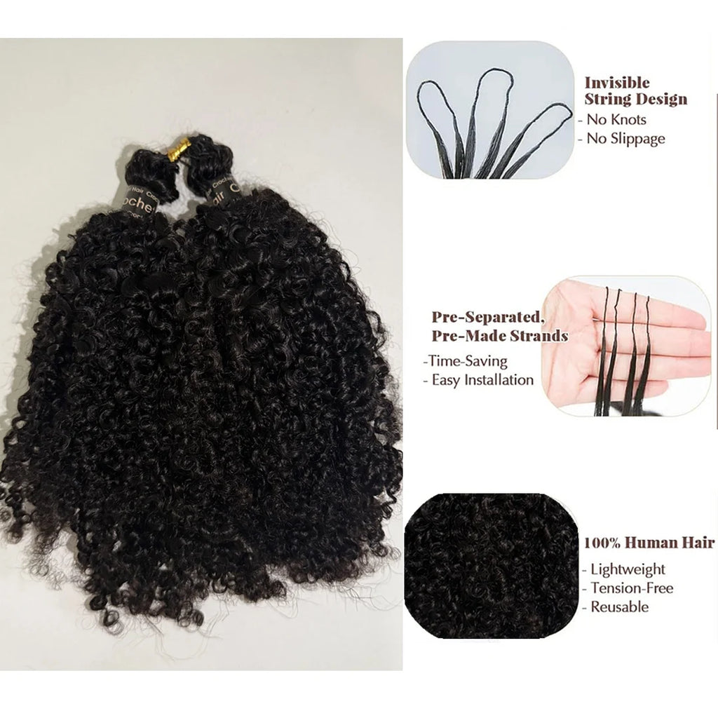 Kinky Curly Feather Crochet Braid Human Hair Extensions Knotless Pre-Separated Crochet Hair Extensions Human Hair Natural Color