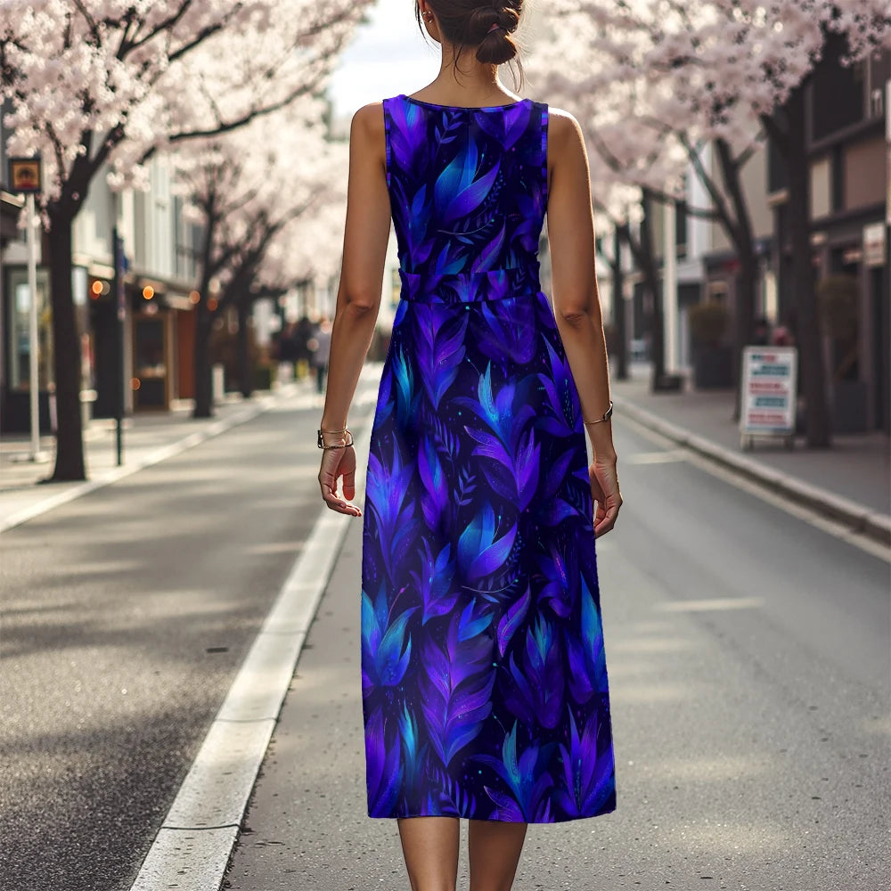 Elegant Floral Dress for Women Breathable A-Line Sleeveless Dress Chic Blue & White with Pink Blooms Office To Vacation Dress