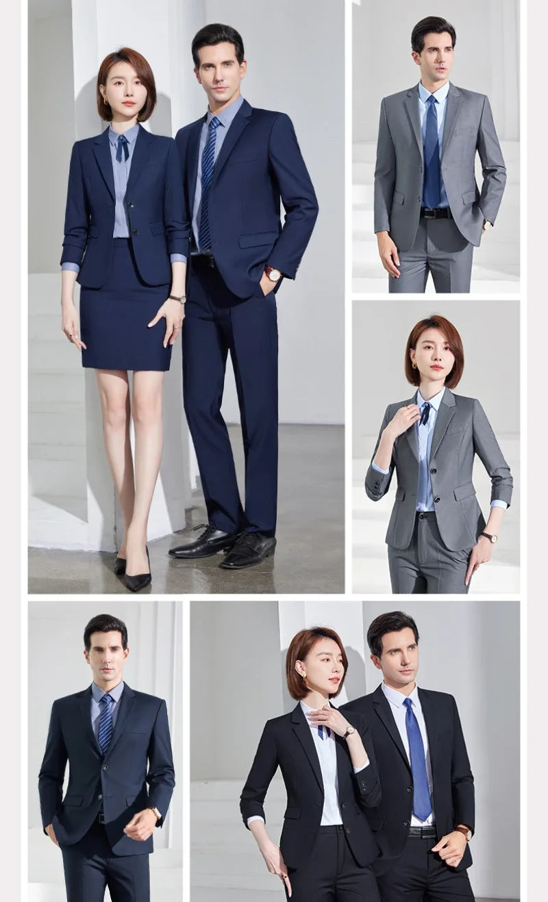Men's Formal Business Suit Set Black Grey Blue Blazer Pants 2 Piece Work Wear For Office Sales Property 4S Store Staff