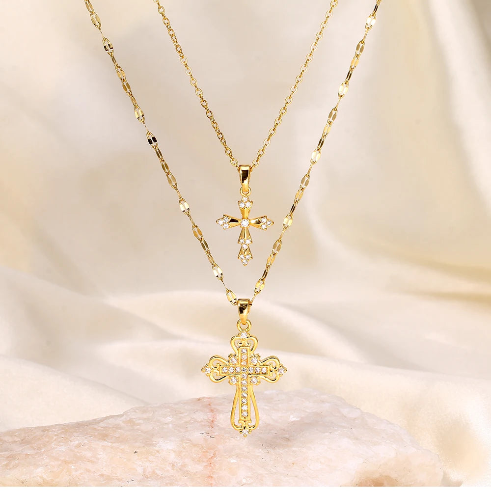 Women's Exquisite Luxury Cross Necklace High-End Zircon Pendant Stainless Steel Collarbone Chain Jewelry Gift