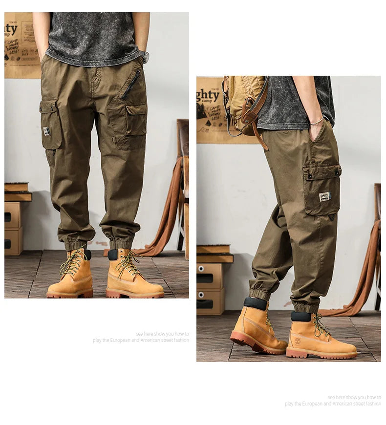 Man's Cargo Pants High Waist Casual Ninth Pants Fashion Slim High Street Straight Workwear Trousers Trend Streetwear Binding leg