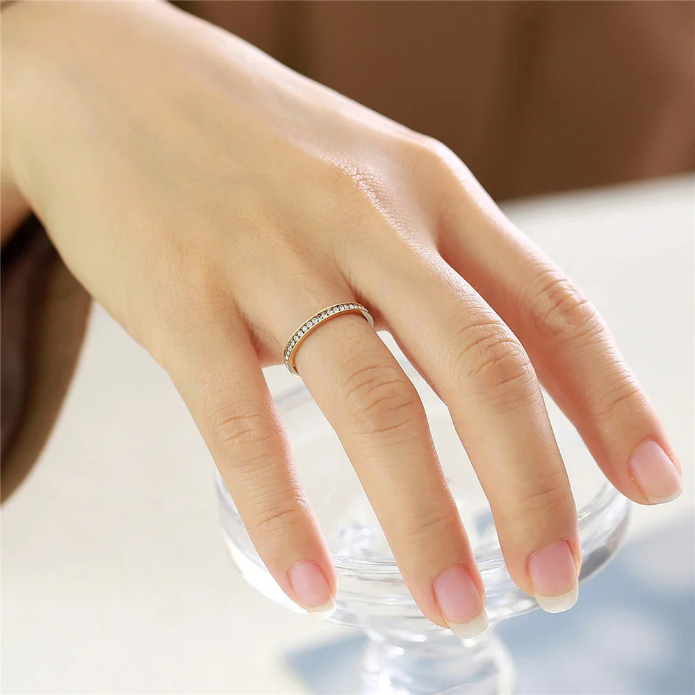 2mm Iced Out Cubic Zirconia Ring Female Gold Silver Color Stainless Steel Wedding Rings for Women Fashion Jewelry Gift