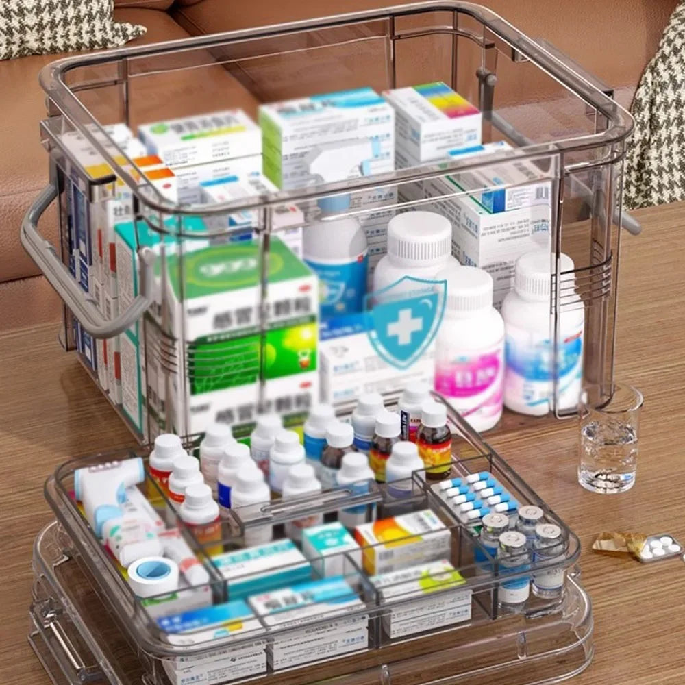 Clear Medicine Organizer Storage Box with Tray, Plastic First Aid Box Empty, Thickened Medicine Container Chest