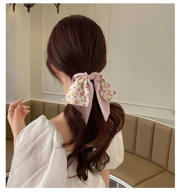 New Floral Print Bow Elastic Hair Bands Women Hair Ties Women Elegant Ribbon Rubber Band Headwear Girls Women  Hair Accessories