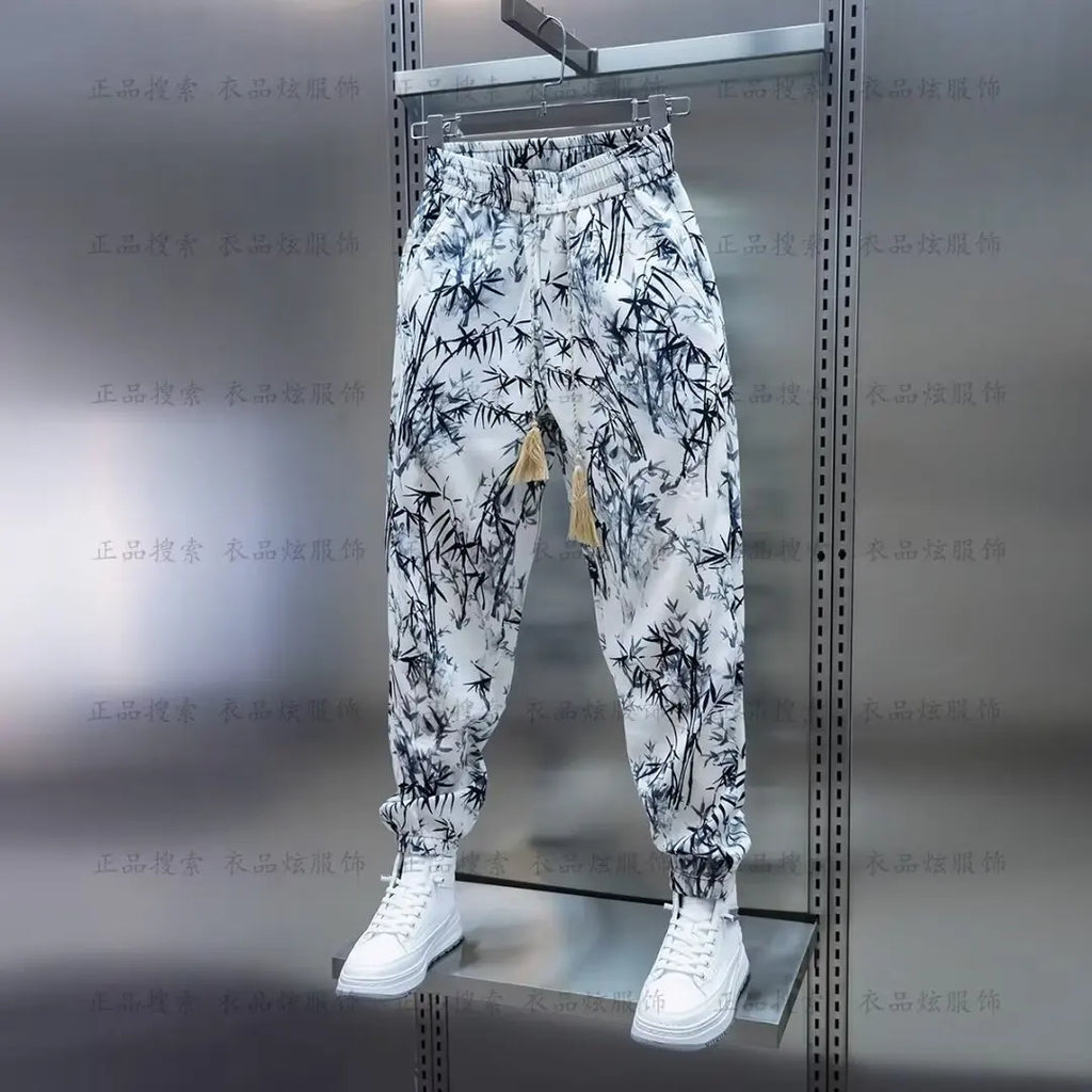 Men Harem Pants Joggers Bamboo Printed Drawstring Trousers Men breathable casual pants 2024 Summer Streetwear Casual Pants