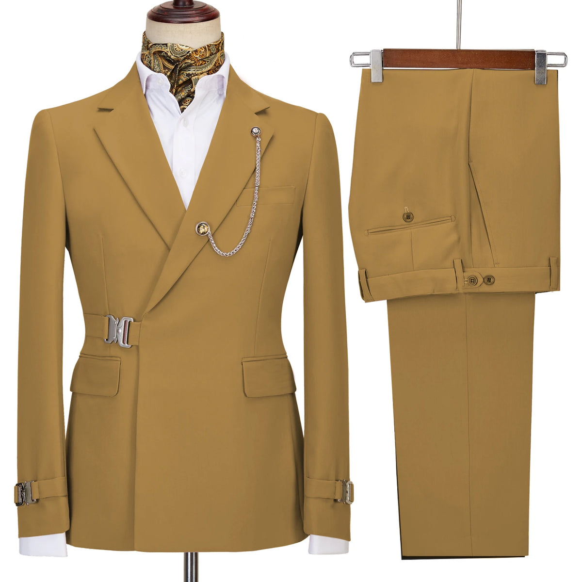 Elegant Men's Suit 2 Pieces Fashion Metal Buckle Jacket Boutique Business Casual Suit Coat Groom Wedding Dress (Blazers+Pants)
