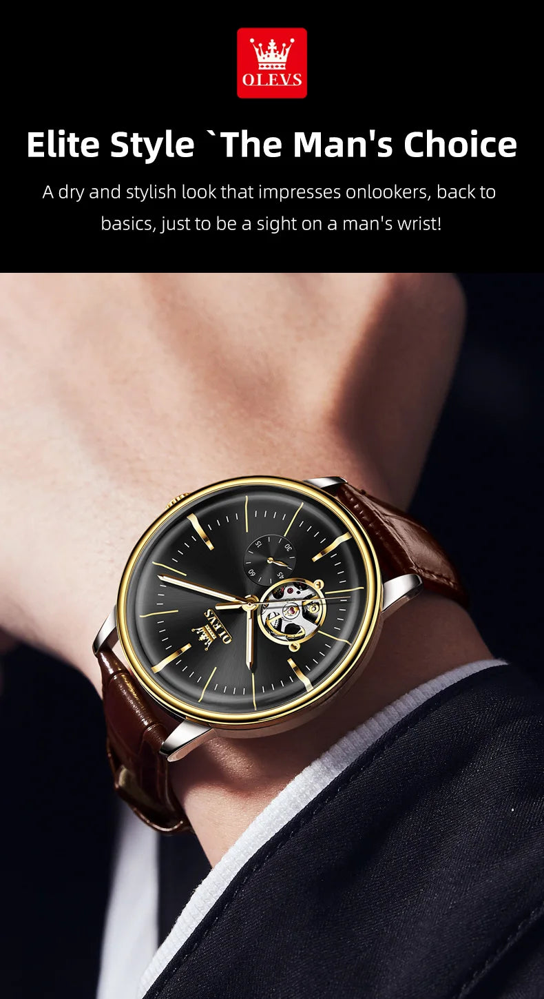 OLEVS 6708 Mechanical Watch for Men Fashion Arched Glass Automatic Men's Watches Hollow Simple Luxury Brand Original Man Watch