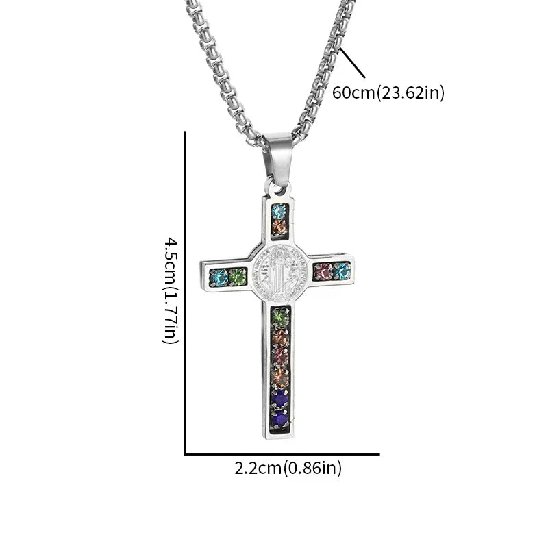 Saint Benedict Jesus Cross Stainless Steel Necklace Catholic Crucifix Male Colored Zircon Necklaces Jewelry San Benito