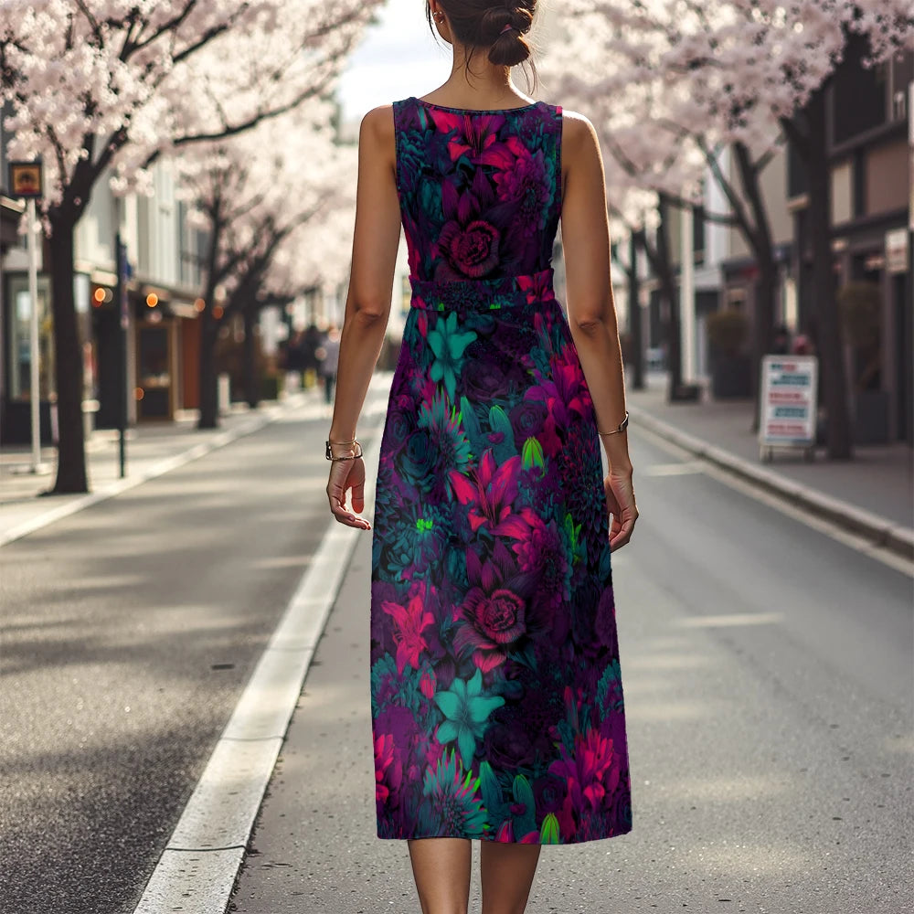 Elegant Floral Dress for Women Breathable A-Line Sleeveless Dress Chic Blue & White with Pink Blooms Office To Vacation Dress