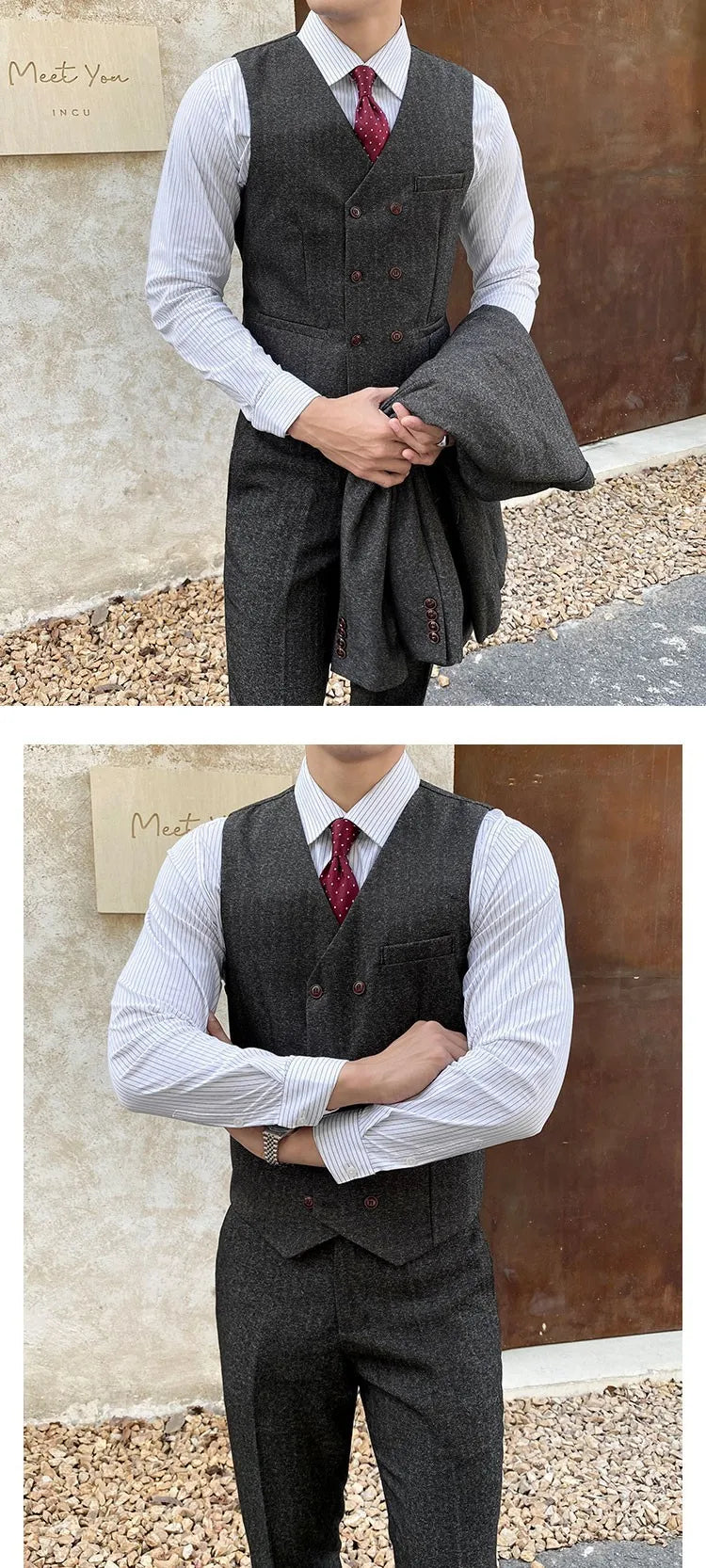 Vest Suit Men Groomsmen Clothes British Retro Tweed Vest Male Bridegroom Wedding Dress Brothers Outfit Waistcoat Pants Two Piece