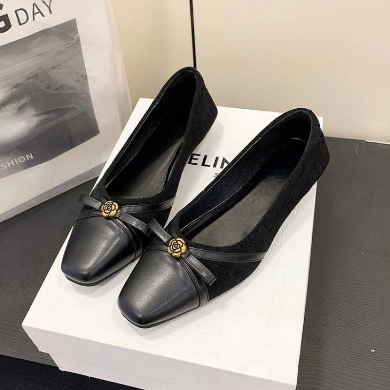 Women's Dance Shoes, Lightweight Breathable Square Toe Bow Flats, PU Leather Office Dress Shoes for Banquet, Date & Party