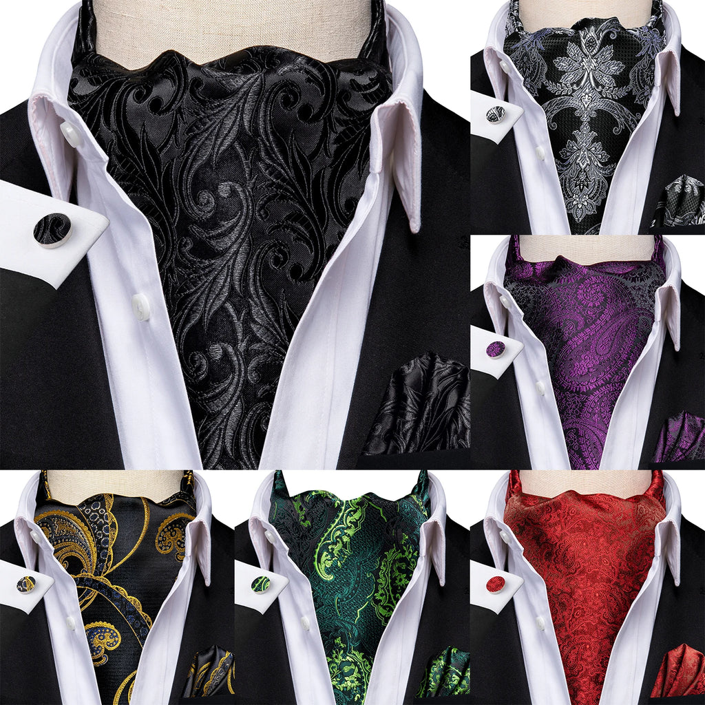 Hi-Tie Mens Ascot Black Pink Blue Red Gold Green Purple White Cravat Tie Hanky Cufflinks for Male Wedding Business Prom