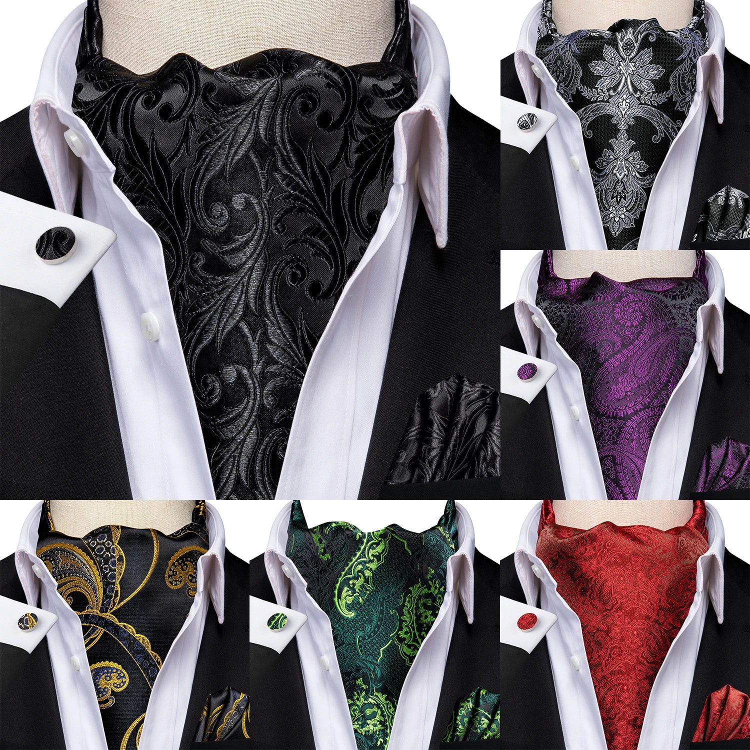 Hi-Tie Mens Ascot Black Pink Blue Red Gold Green Purple White Cravat Tie Hanky Cufflinks for Male Wedding Business Prom