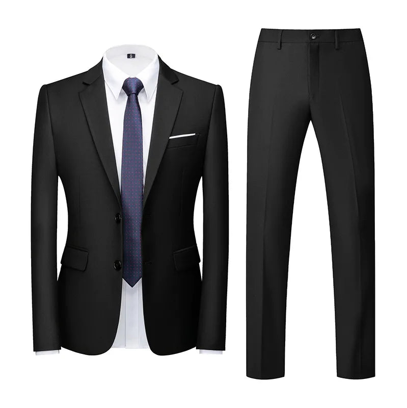 Men's Suit (Blazer+Pants) Fashion Business Casual Slim-fit Wedding Gentleman Solid Color Full Professional Interview Formal Suit