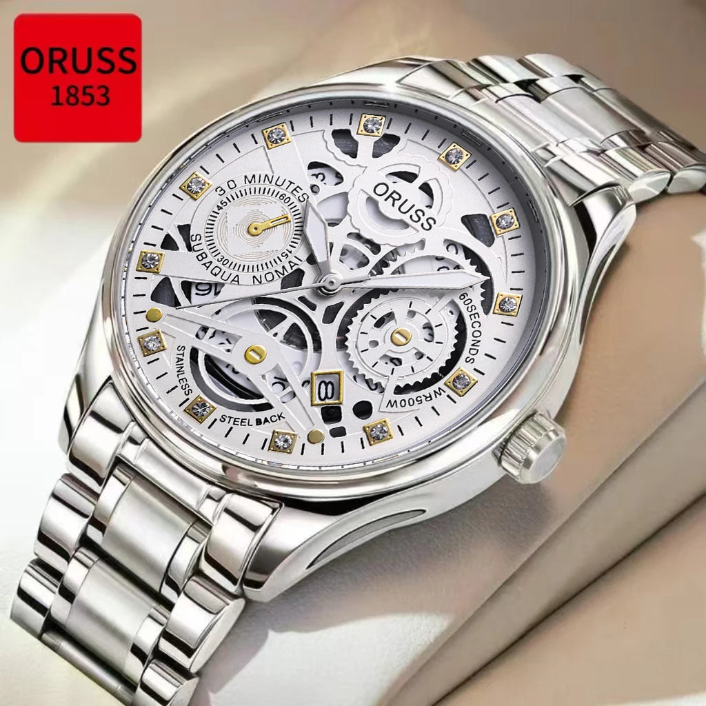 High-end personalized watches; fashionable stainless steel straps; durable and waterproof; hollow gear style; cool and trendy.