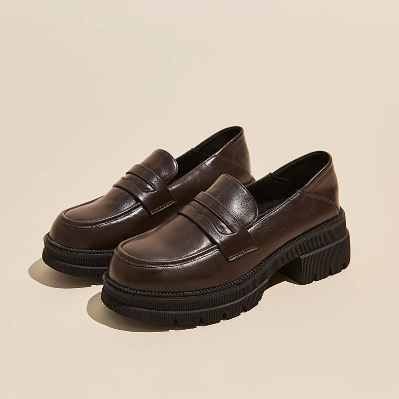 Leather shoes for women 2025 new style spring and autumn thick soled loafers British style retro single shoes for women
