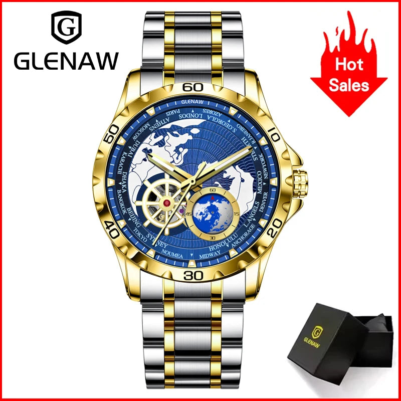 2025 New GLENAW Earth Series Mechanical Watch Men Rotating Earth Dial Night Light Waterproof Top Luxury Design Mechanical Watch