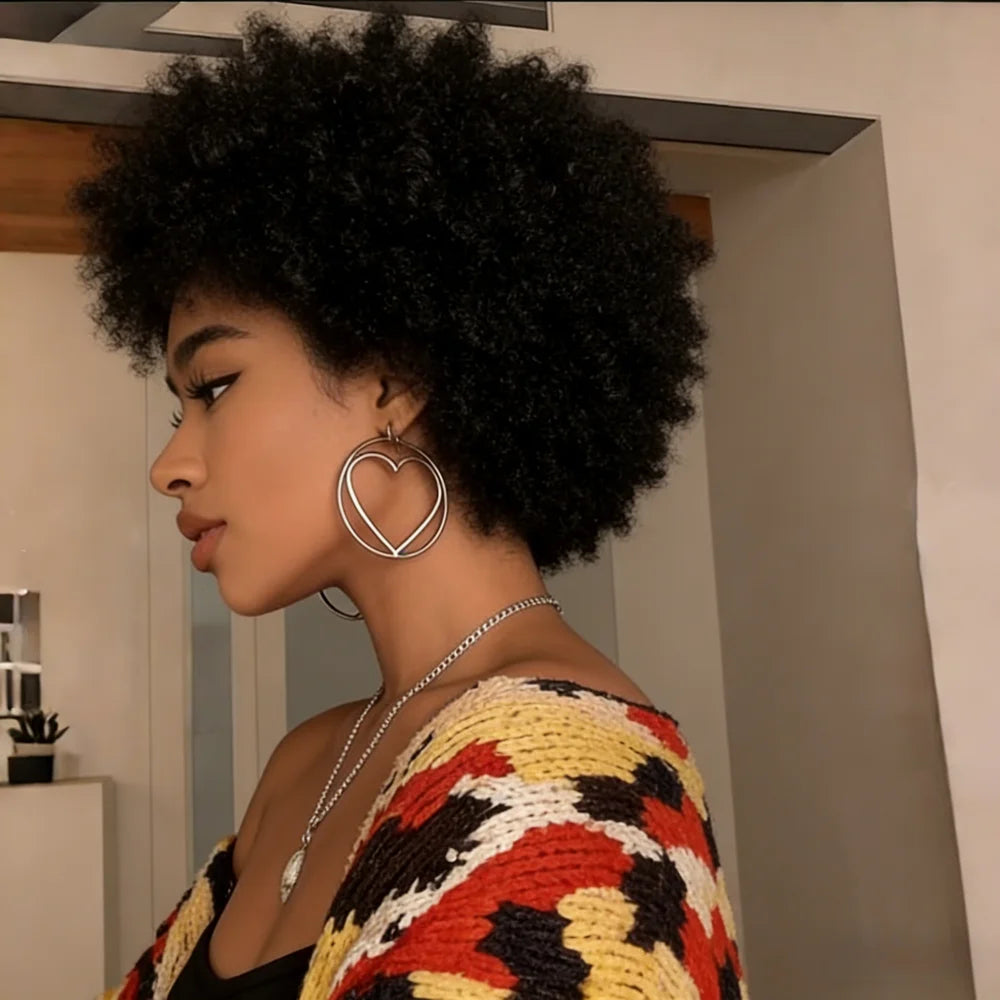 Afro Kinky Curly Pixie Human Hair Wig, full Machine Made No Tangling Minimal Shedding Wig, Natural Scalp Short Curly