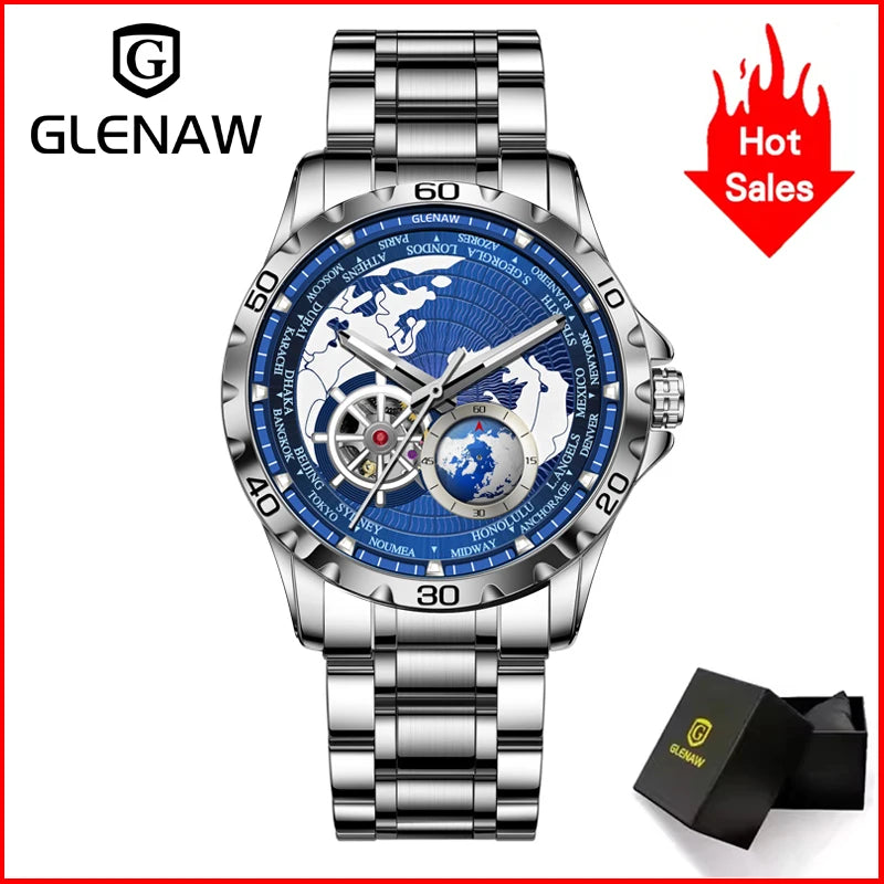 2025 New GLENAW Earth Series Mechanical Watch Men Rotating Earth Dial Night Light Waterproof Top Luxury Design Mechanical Watch