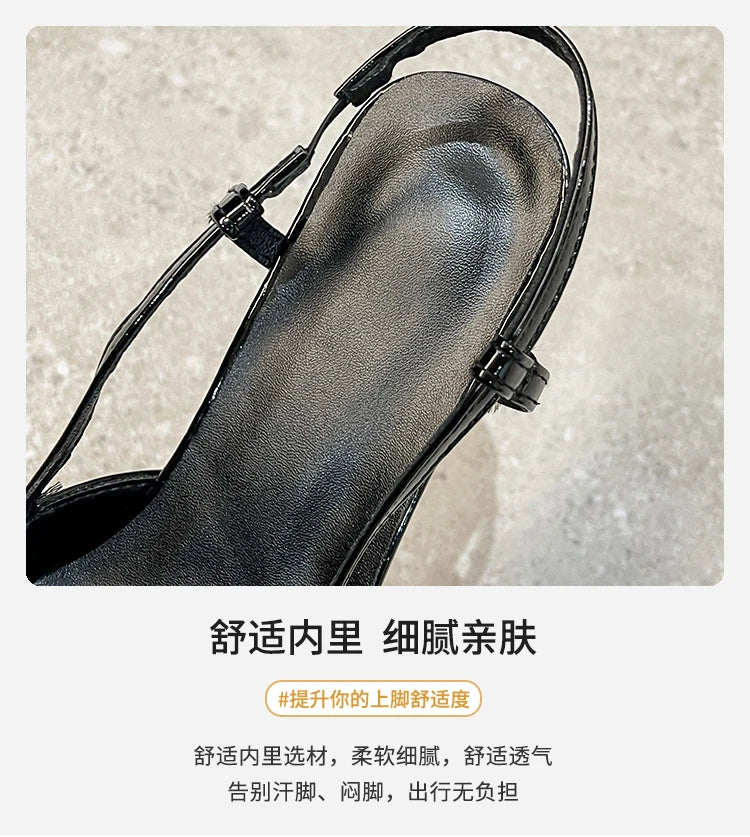 2026 New Summer Women's Dress Shoes Patent Leather Slip on Pointed Toe Sandals Buckle Slingbacks Mid Heels Pumps Sandalias Mujer
