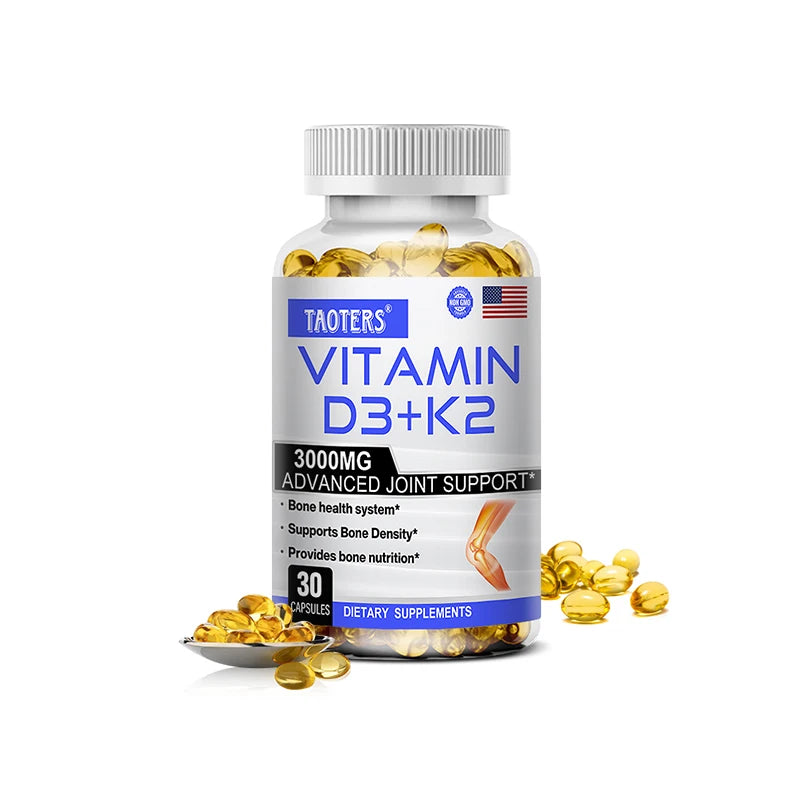 Vitamin D3+K2 Capsules - Helps Regulate Calcium Metabolism and Supports Teeth, Bones, Heart Health, Joint Health, and Immunity
