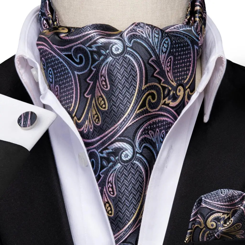 Hi-Tie Mens Ascot Black Pink Blue Red Gold Green Purple White Cravat Tie Hanky Cufflinks for Male Wedding Business Prom