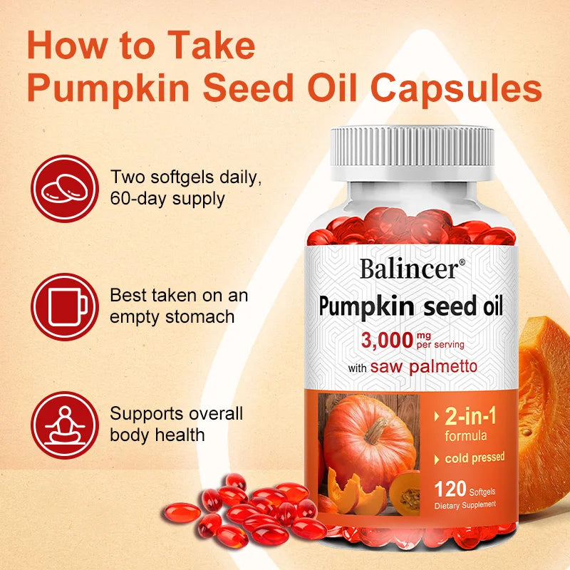 Virgin Pumpkin Seed Oil 3,000mg with Saw Palmetto, Rich in Omega 6 & 9 Essential Fatty Acids, Prostate & Bladder Supplement
