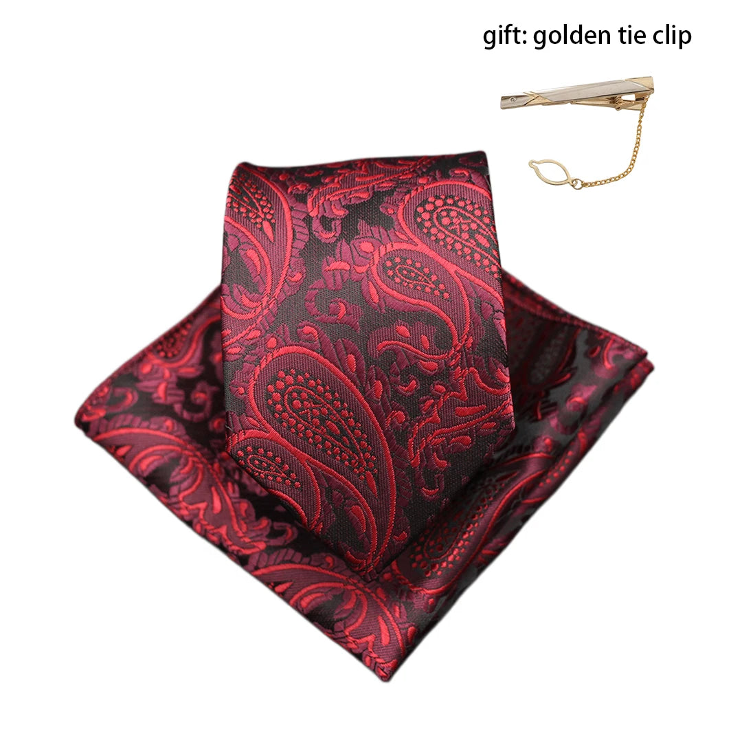 Mens Gift Tie Set Exquisite Red Jacquard Wine Burgundy Paisley Wedding Tie For Men Fashion Design Quality Hanky Dropshipping