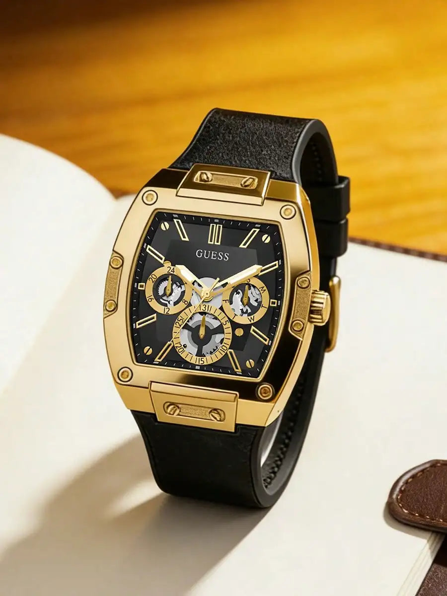 GUESS Watches for Men Original Luxury Gold Tone Black Dial Tonneau Multifunction Quartz Chronograph Silicone Strap Wristwatch