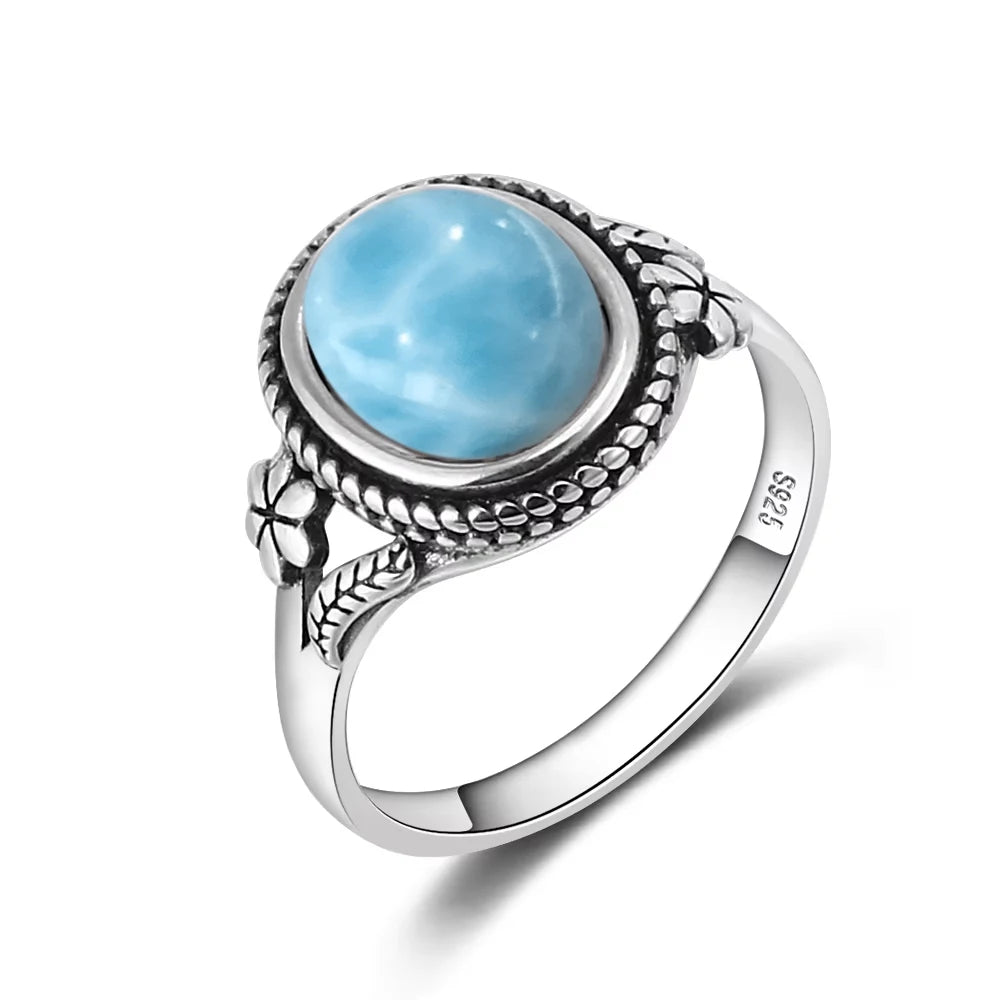 Vintage 925 Silver Ring Natural Larimar Stone Ring Round Flower Shape Sky Blue Summer Ring Fine Jewelry Gift for Men Women