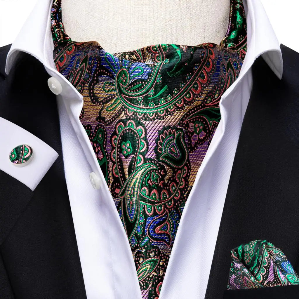 Hi-Tie Mens Ascot Black Pink Blue Red Gold Green Purple White Cravat Tie Hanky Cufflinks for Male Wedding Business Prom
