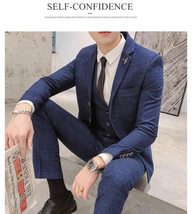 Men's Business Fitted Two-Button Suit Set Fashionable Versatile Trendy Three-Piece Ensemble for Groom Best Man Banquet Dress