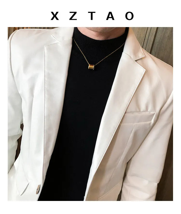 Men Casual Black White Suit Leather Jacket /Men Solid Color Business Suit Collar PU Blazers Dress Coat Fashion /New Men Clothing