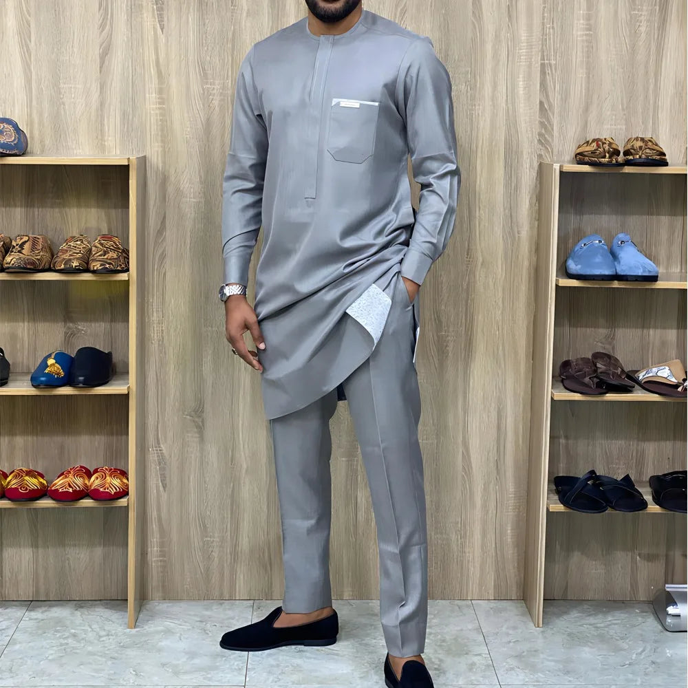 African traditional dress men's suit Long sleeve ethnic style printed patchwork shirt casual pants 2 piece holiday casual suit