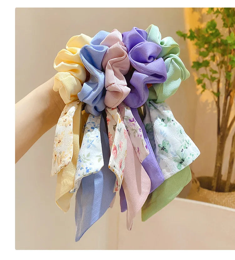 New Floral Print Bow Elastic Hair Bands Women Hair Ties Women Elegant Ribbon Rubber Band Headwear Girls Women  Hair Accessories