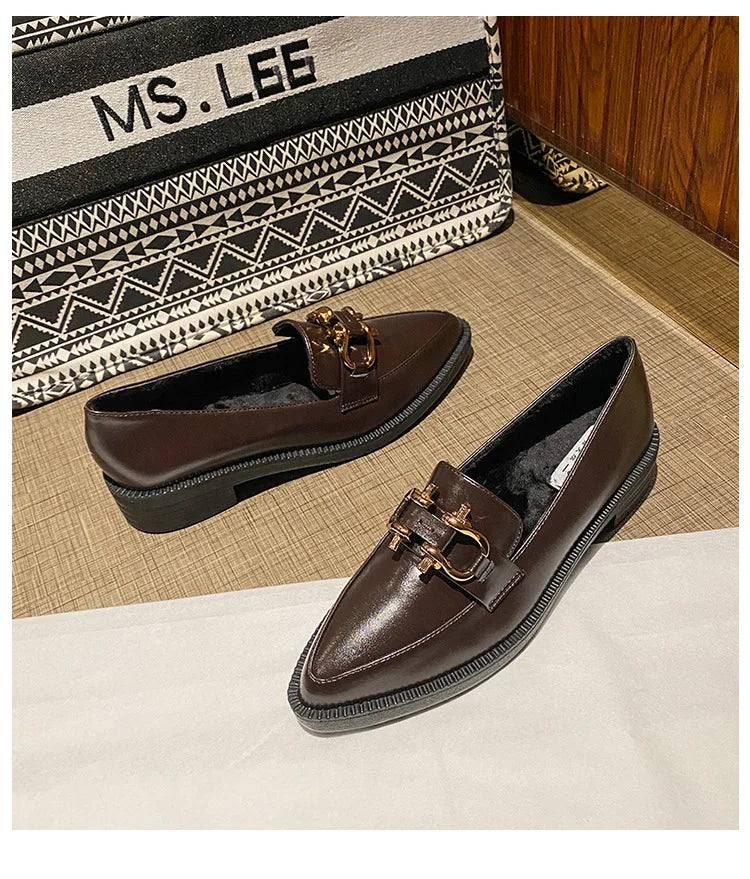 New Women Pointed Toe Leather Casual Shoes British Style Dress Shoes Fashion Cool Slip-on Loafers