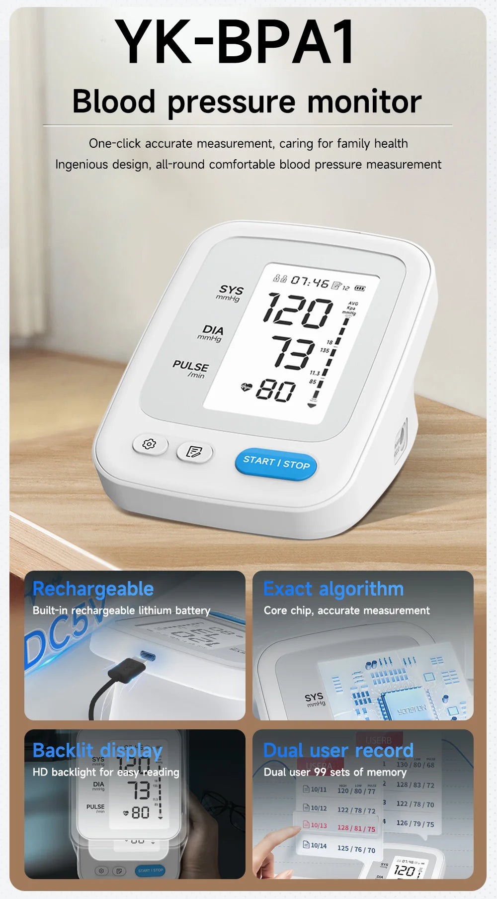 Yongrow Portable Digital Upper Arm Blood Pressure Monitor Measurement Tool Tonometer Sphygmomanometer baumanometro digitlal