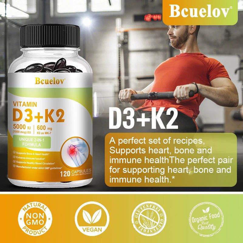 Bcuelov Vitamin D3+K2, 5000 IU Vitamin D3, non-GMO formula, easy-to-swallow vitamin D and K complex dietary supplement