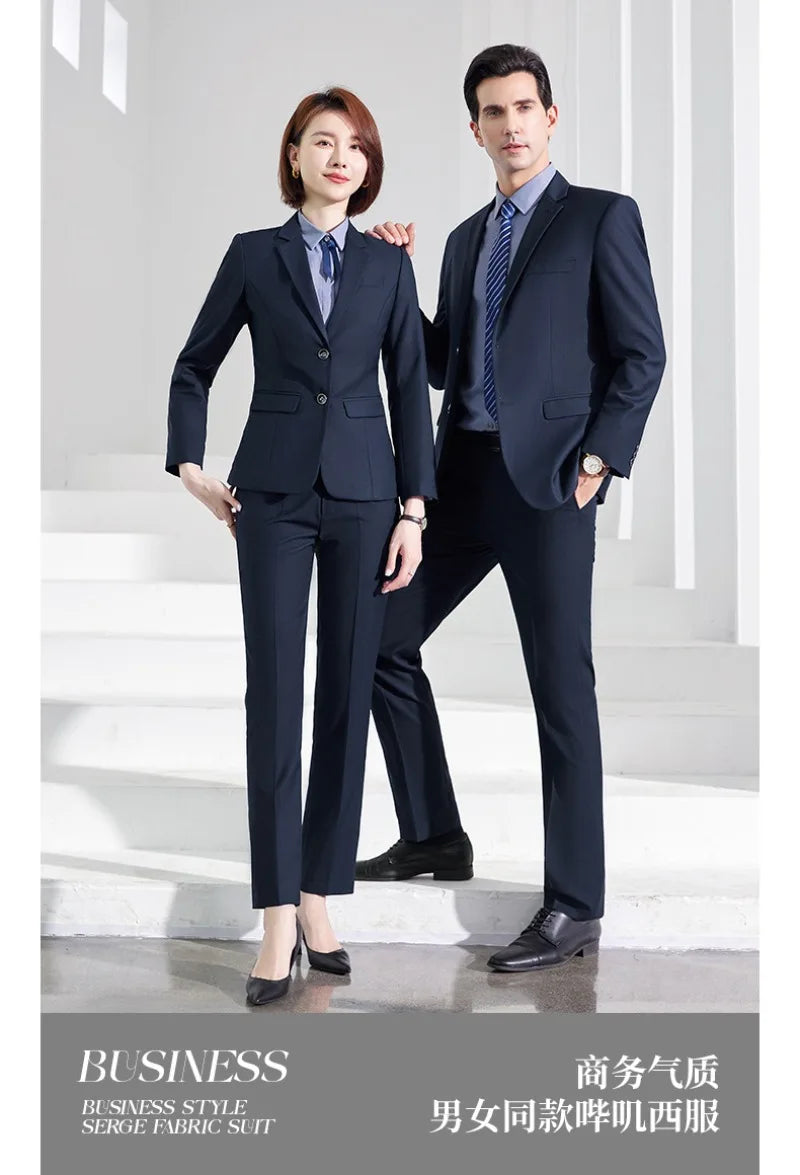 Men's Formal Business Suit Set Black Grey Blue Blazer Pants 2 Piece Work Wear For Office Sales Property 4S Store Staff