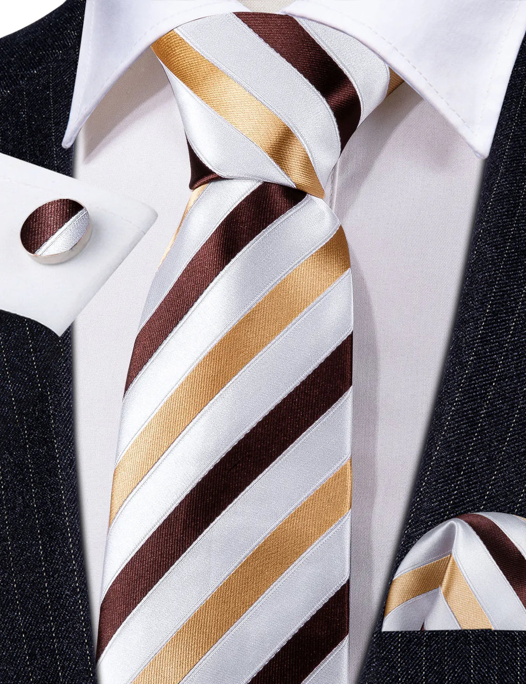 Fashion Khaki Striped Men Silk Necktie Fahsion Tie Handkerchief Cufflinks Sets Male Wedding Business Gift Barry.Wang Stylish