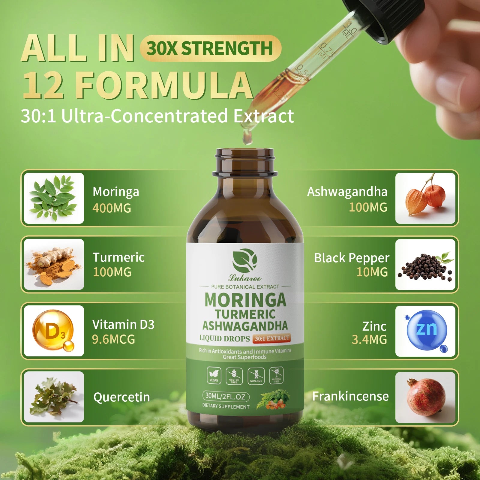 12-in-1 Organic Moringa Drops with Ashwagandha Turmeric Quercetin for Energy Immune Joint Digestive Metabolism, Vegan Non-GMO