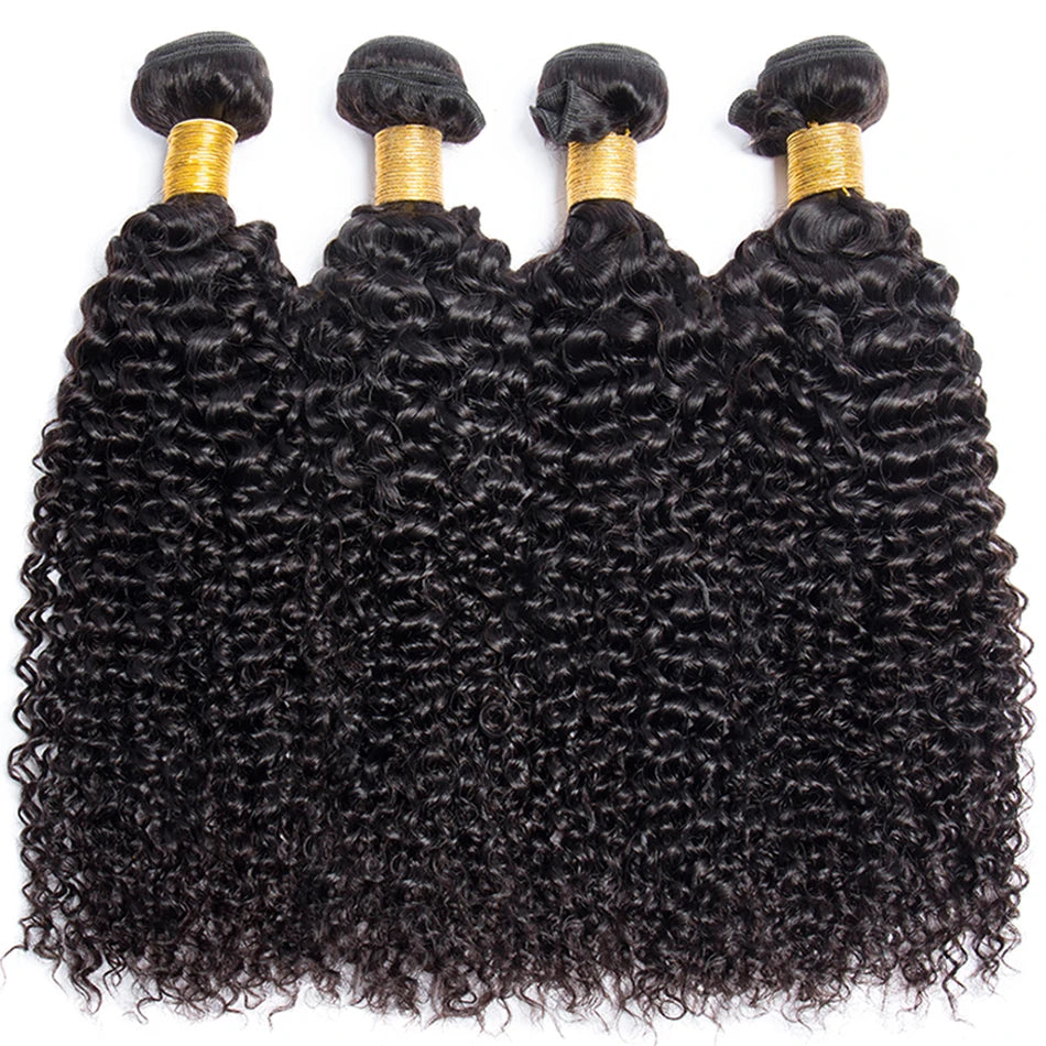 Long Kinky Curly Human Hair Bundles with Closure Frontal Peruvian Hair Bundles with Closure Remy 100% Human Hair Extensions