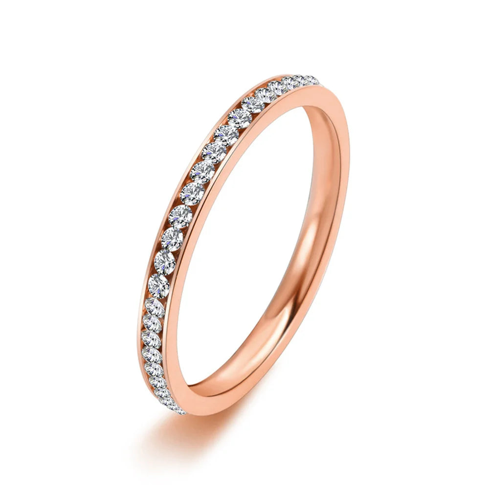 2mm Iced Out Cubic Zirconia Ring Female Gold Silver Color Stainless Steel Wedding Rings for Women Fashion Jewelry Gift