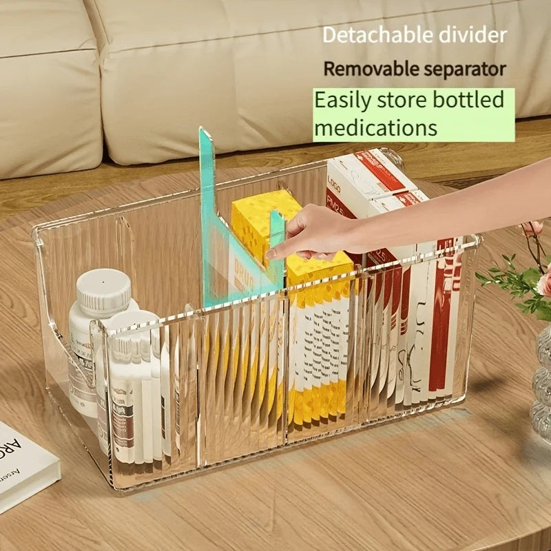 Medicine Storage Box Transparent Divided Desktop Medicine Organizer 4-Compartment Makeup Organizer Storage Rack First Aid Box