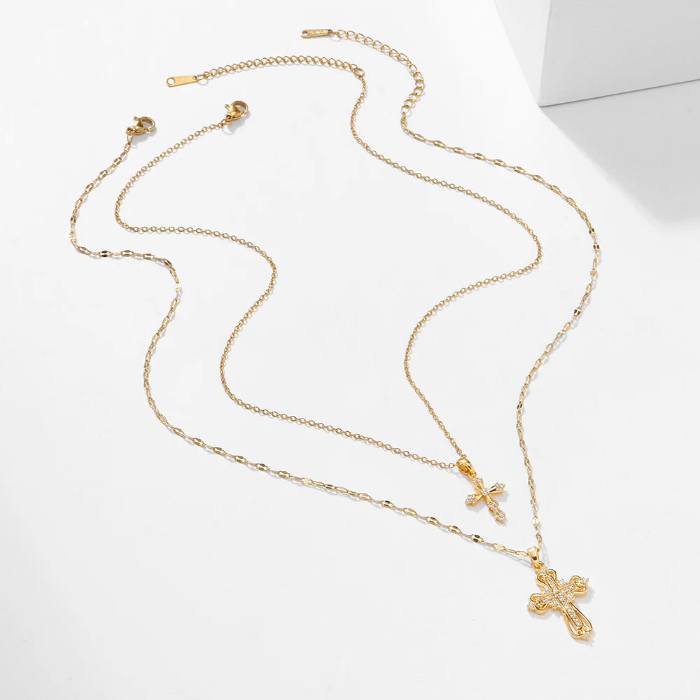 Women's Exquisite Luxury Cross Necklace High-End Zircon Pendant Stainless Steel Collarbone Chain Jewelry Gift