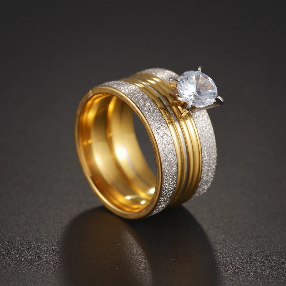 Couple Rings - Women Exquisite Rhinestones Zirconia Rings Set Simple Stainless Steel Men Ring Fashion Jewelry For Lover Gifts